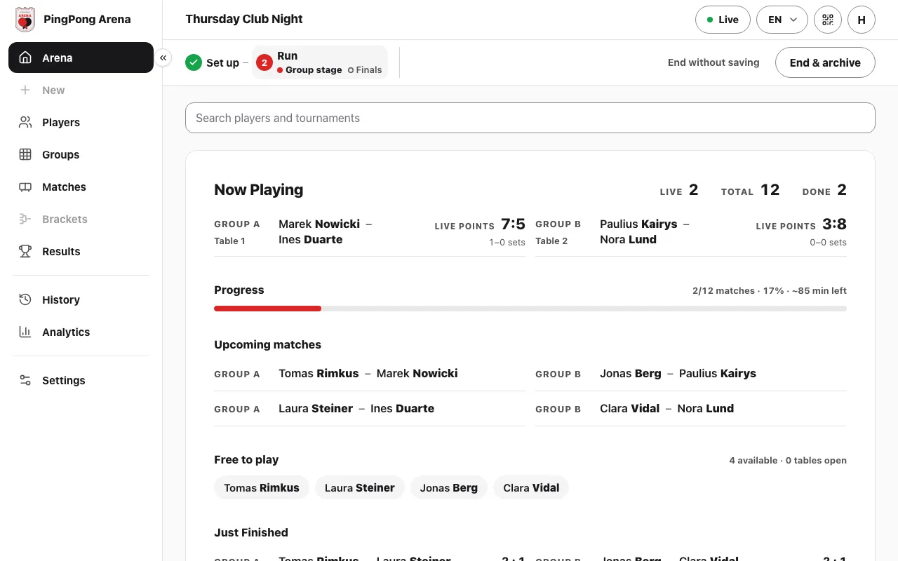 Die Arena-Seite während der Gruppenphase, mit Live-Spielen und Fortschritt