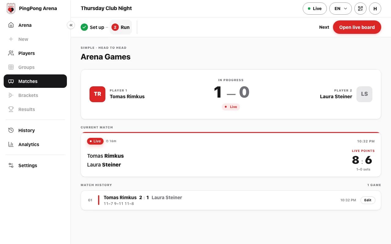 Gry w arenie: Tomas Rimkus przeciw Laurze Steiner, 1 gra do 0, bieżąca gra przy stanie 8 do 6 i historia meczów
